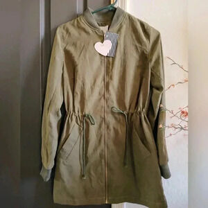 First Love Longline Bomber Jacket in Olive Green